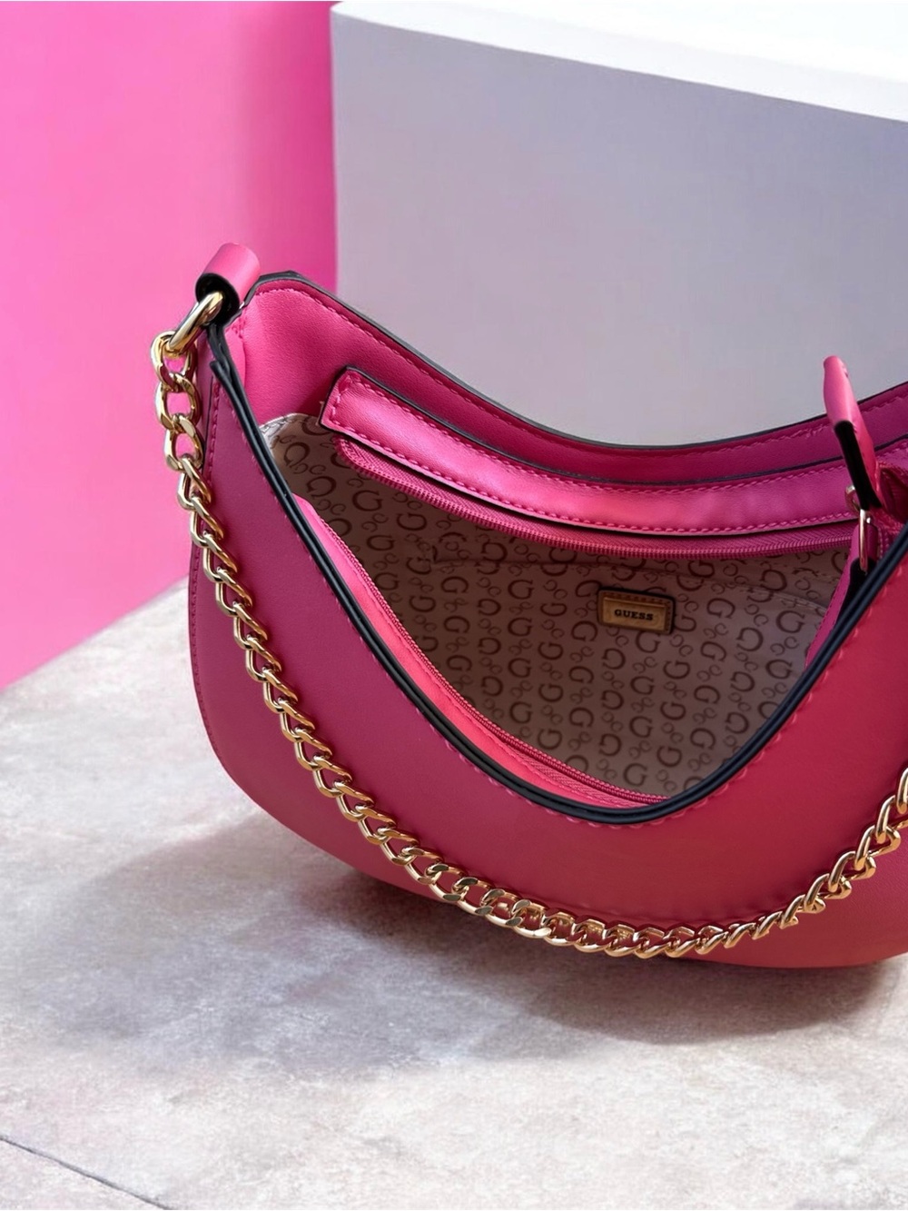 GUESS Hot Pink Crescent Shoulder Bag with Gold Chain - Picture 4 of 7